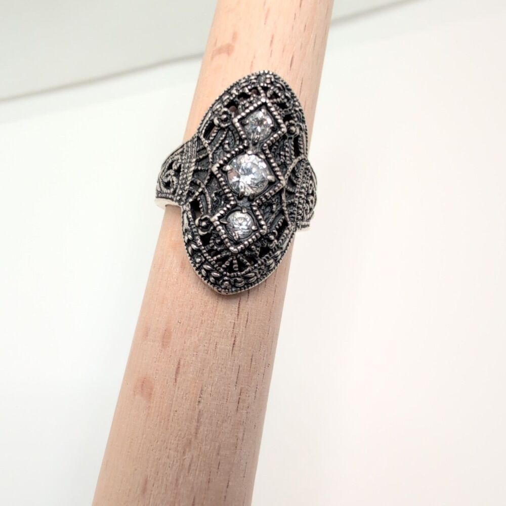 Vintage 925 Sterling Silver Ladies Filigree Rhinestone Ring Size 7 Art Deco